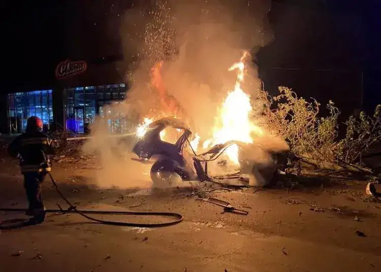У Новомосковську палав автомобіль, який перед цим врізався у дерево