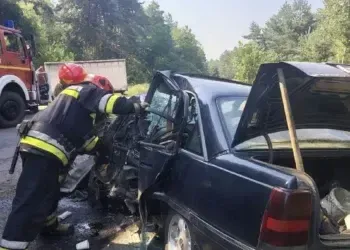 Рятувальники ДСНС витягують водія з понівеченого автомобіля після ДТП на Дніпропетровщині