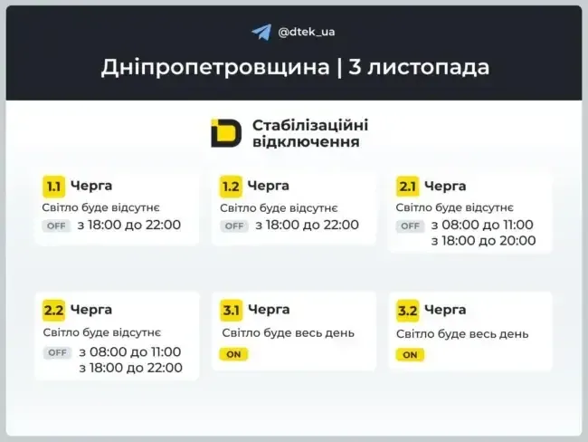 Графіки погодинних відключень на 3 листопада в Дніпрі