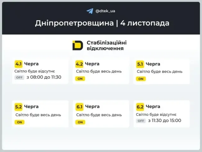 На Дніпропетровщині оновили графіки погодинних відключень на 4 листопада