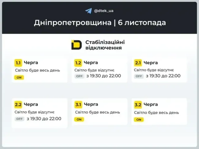 Графіки погодинних відключень на 6 листопада в Дніпрі