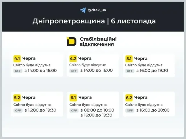 Графіки погодинних відключень на 6 листопада в Дніпрі